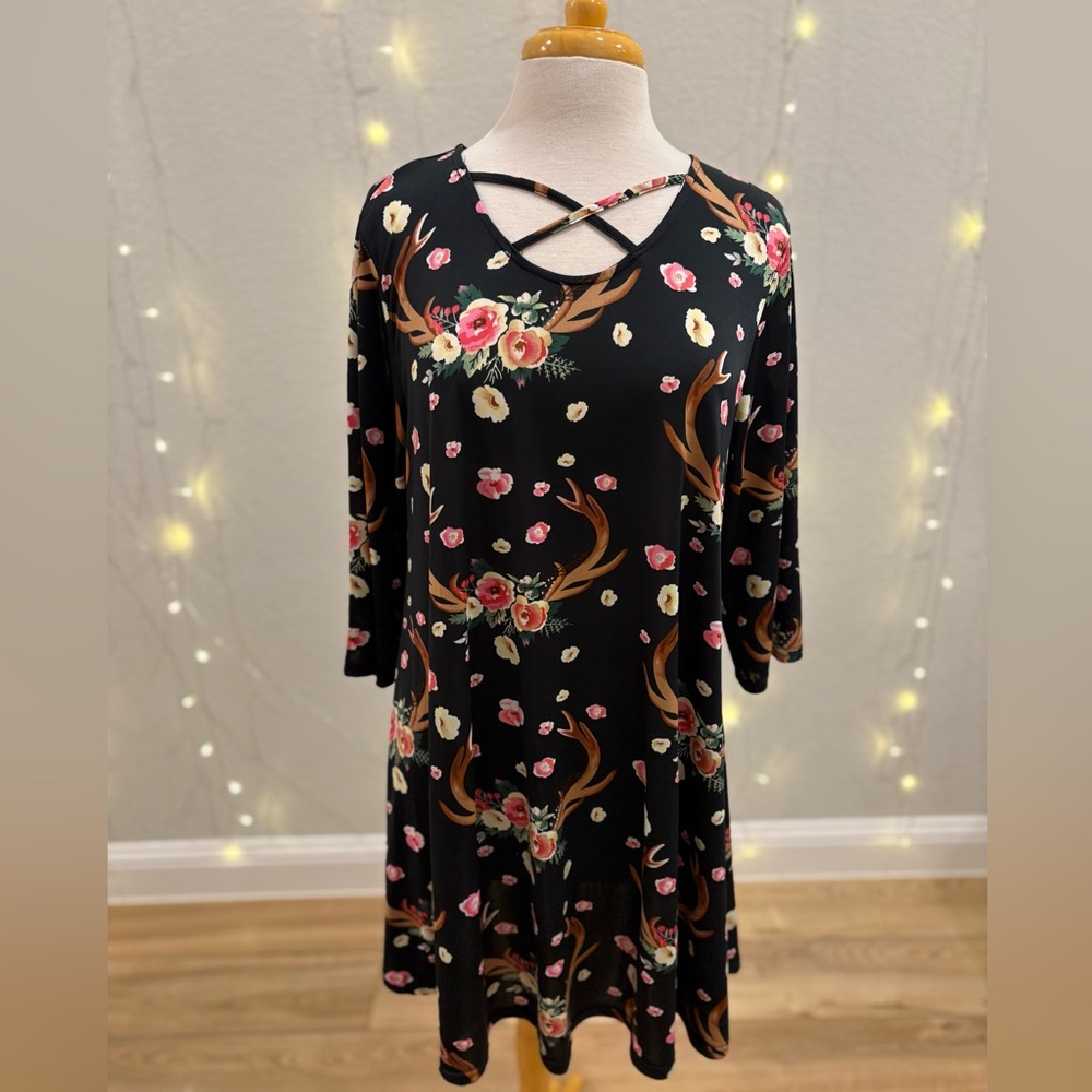 Black Floral and Antler A-Line Dress